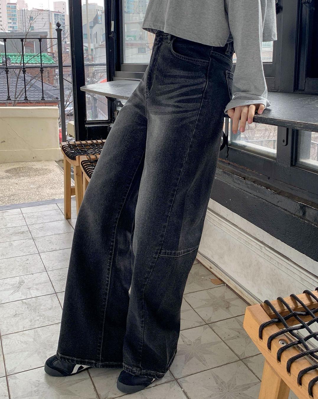 彎刀形闊腳褲 （藍/灰黑）