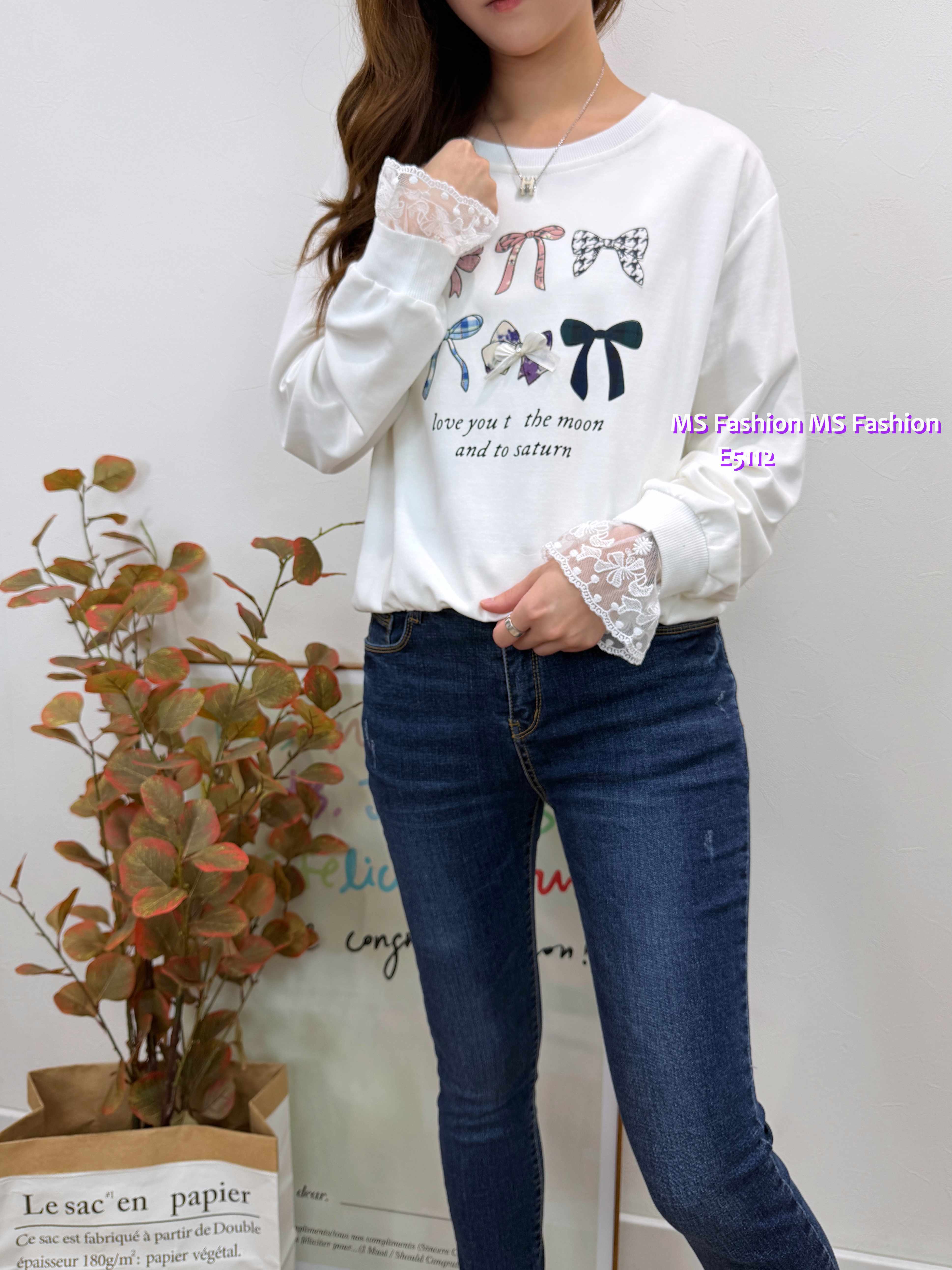 E5112 蝴蝶結lace袖top