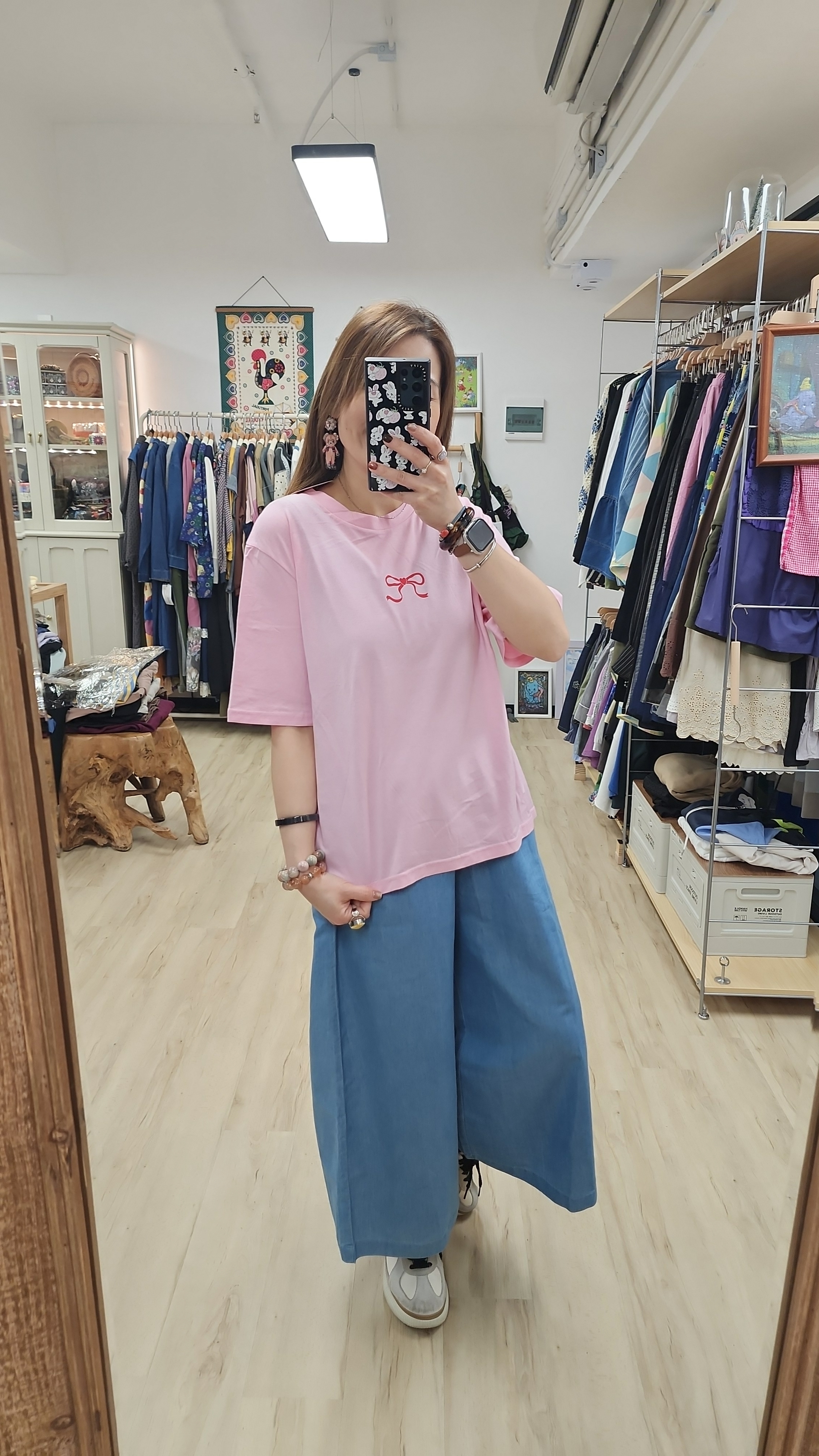 韓國粉紅拼小蝴蝶結印圖Tee