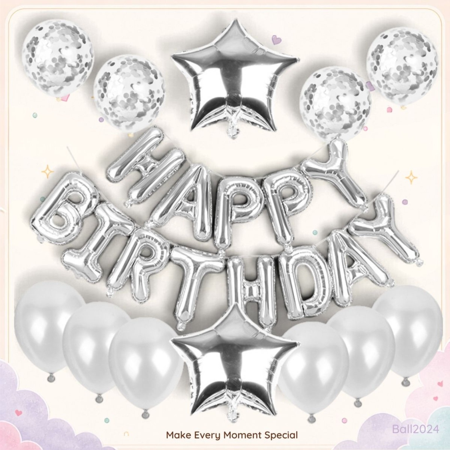 銀色 HAPPY BIRTHDAY 生日派對金屬氣球套裝 星形亮片氣球 Birthday Party Decoration