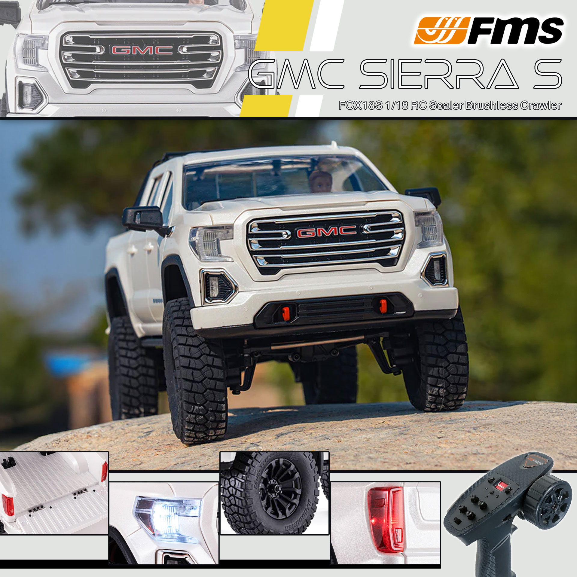 全新 FMS FCX18S 1:18 GMC Sierra S RTR Brushless | General Motors LLC授權 | 無刷版本 | 聯動指揮燈 | 2段機械變速 | 迷你慢爬車 | 遙控車 | 像真迷你遙控車