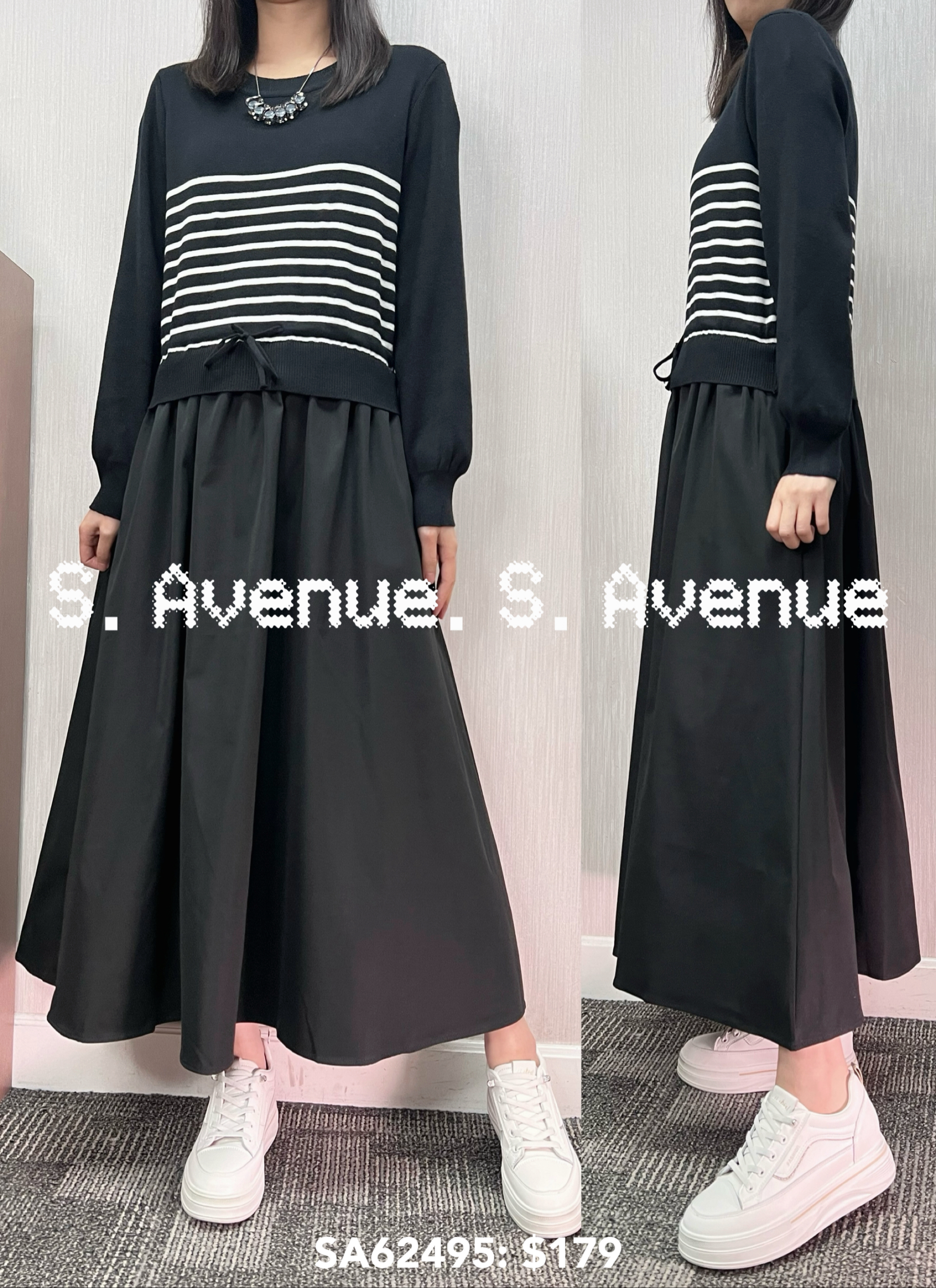 SA62495: 長袖間條束繩拼布長裙