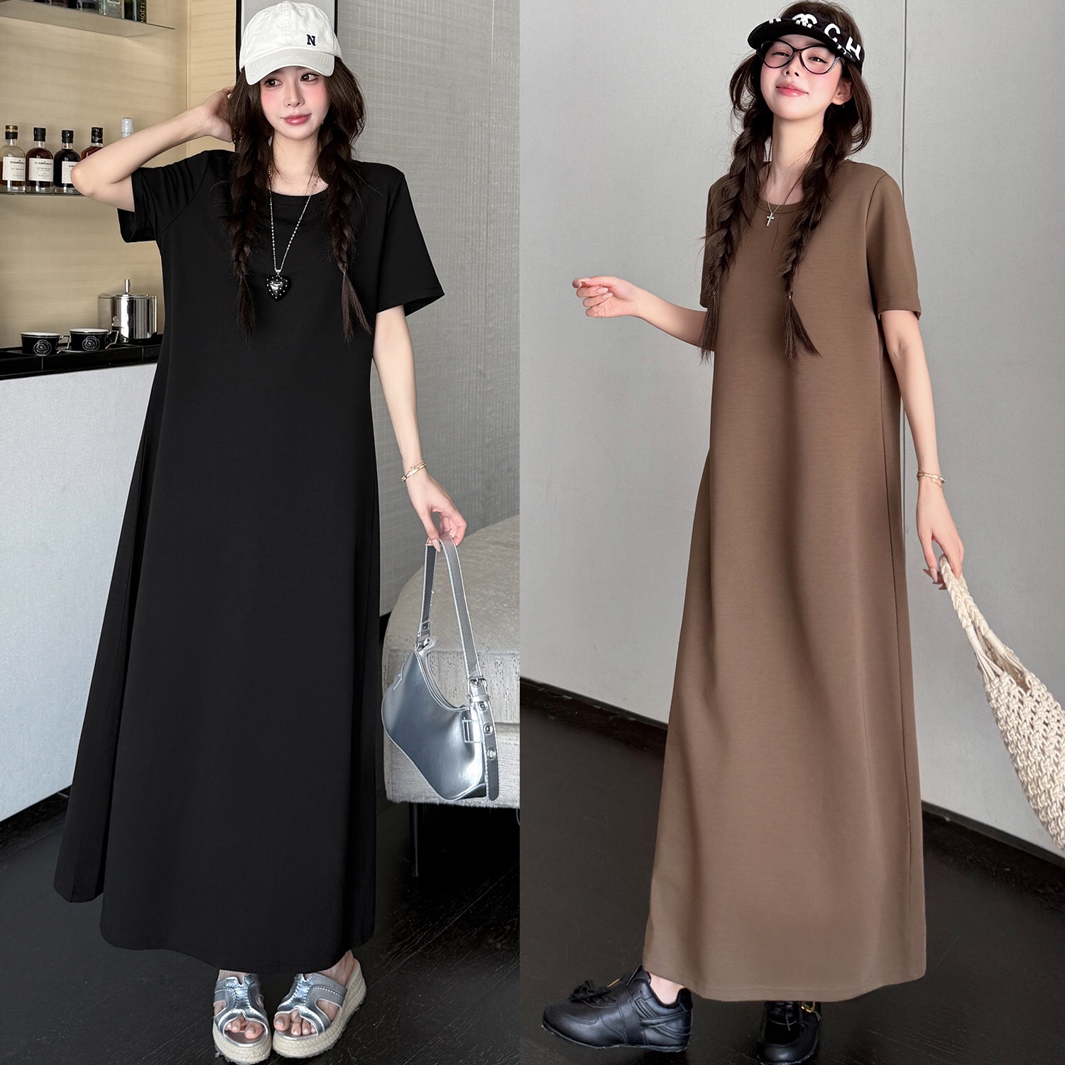 B253(61155) 韩版极简风气质圆领短袖黑橄榄绿连身裙