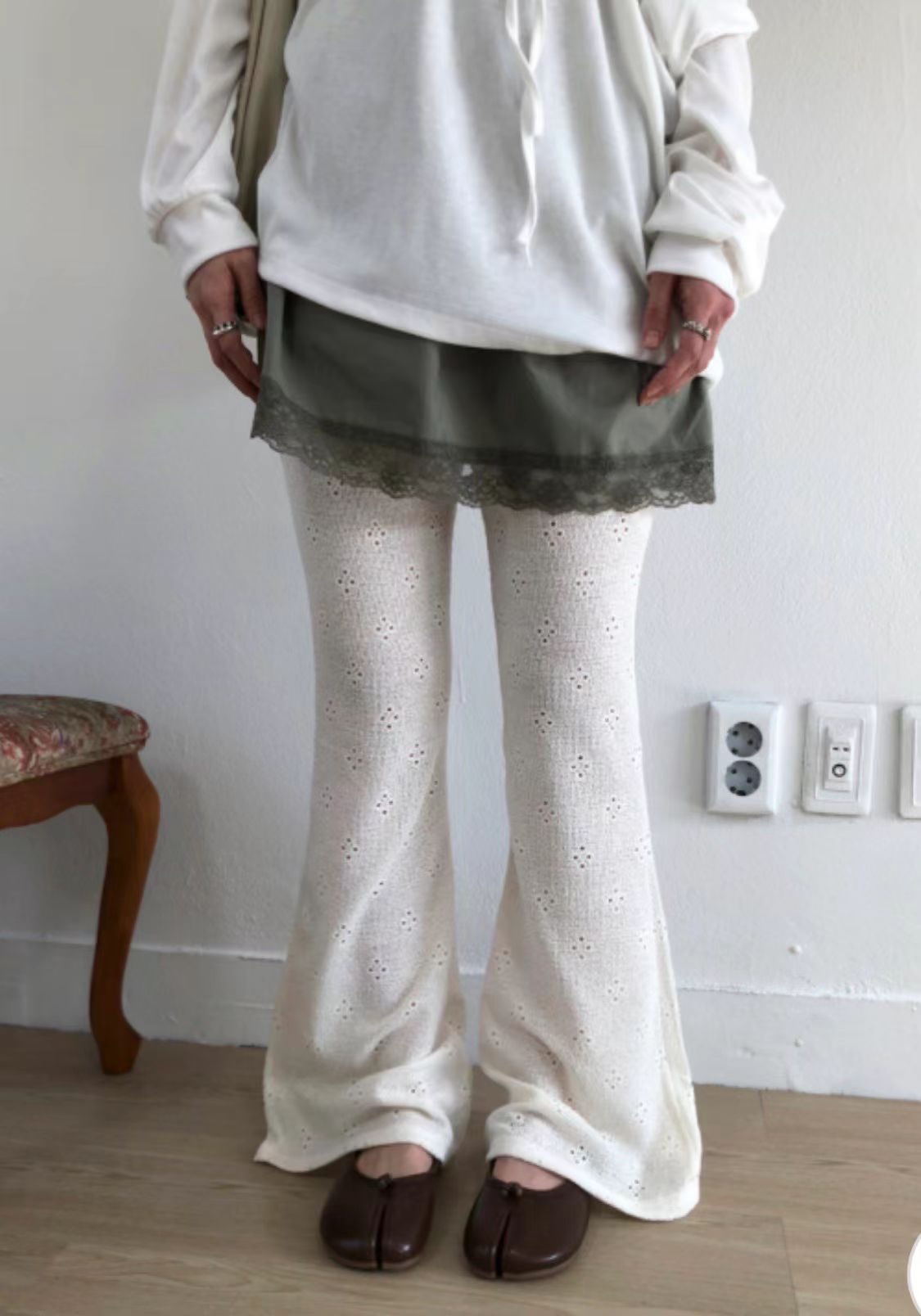 eyelet punch bootcut pants