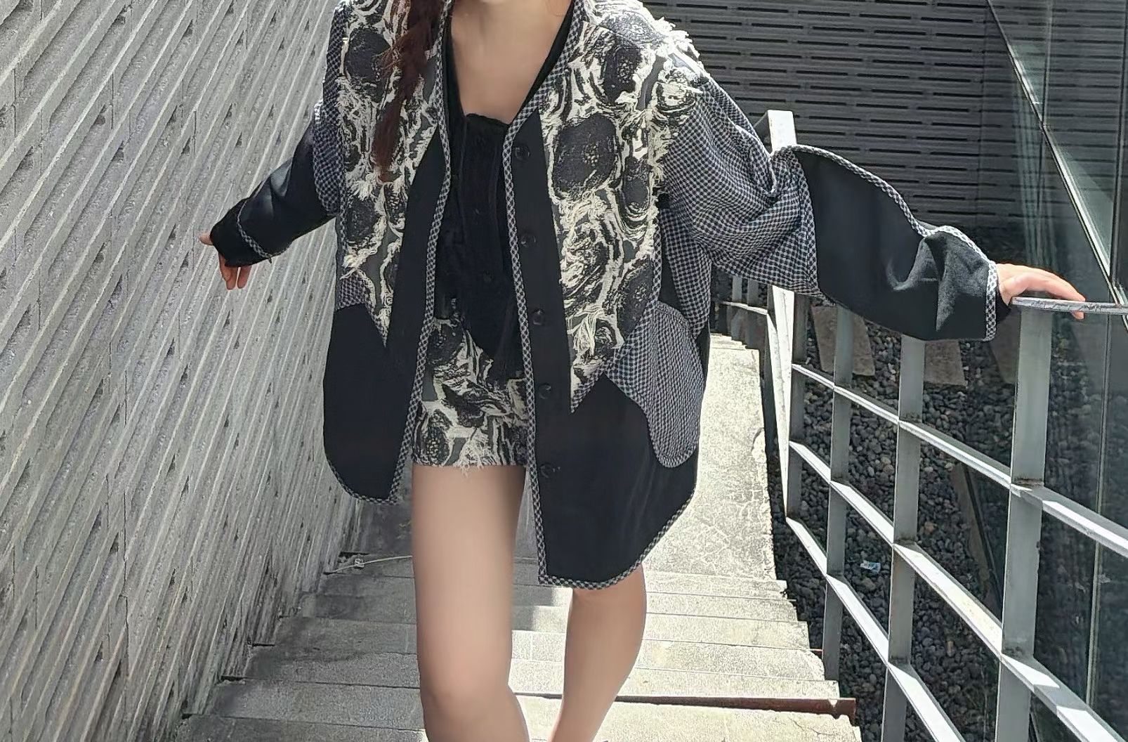 EC1 復古立體流蘇格紋拼色外套