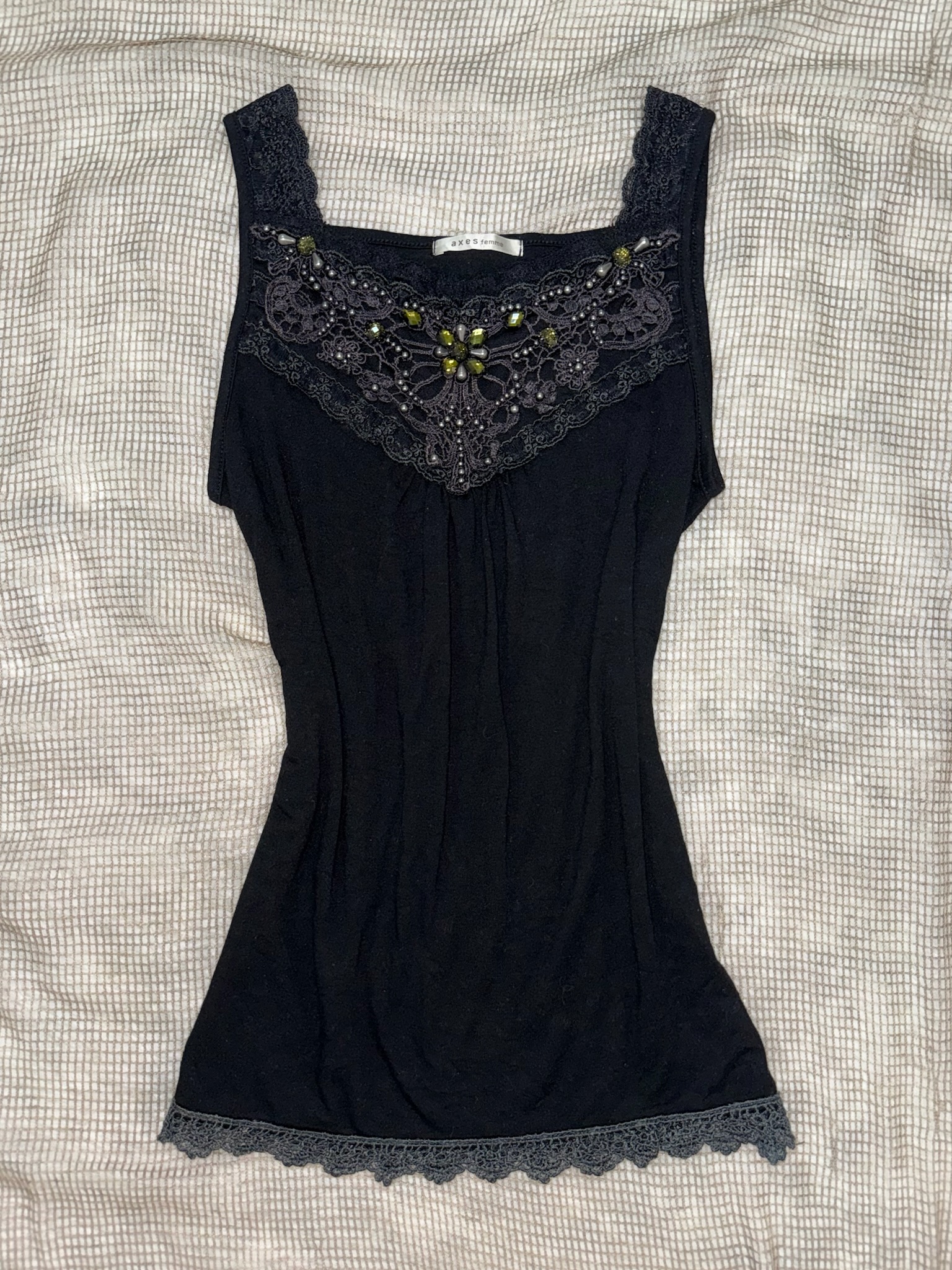 Axes Femme Dark Coquette Gem-Embellished Lace Top