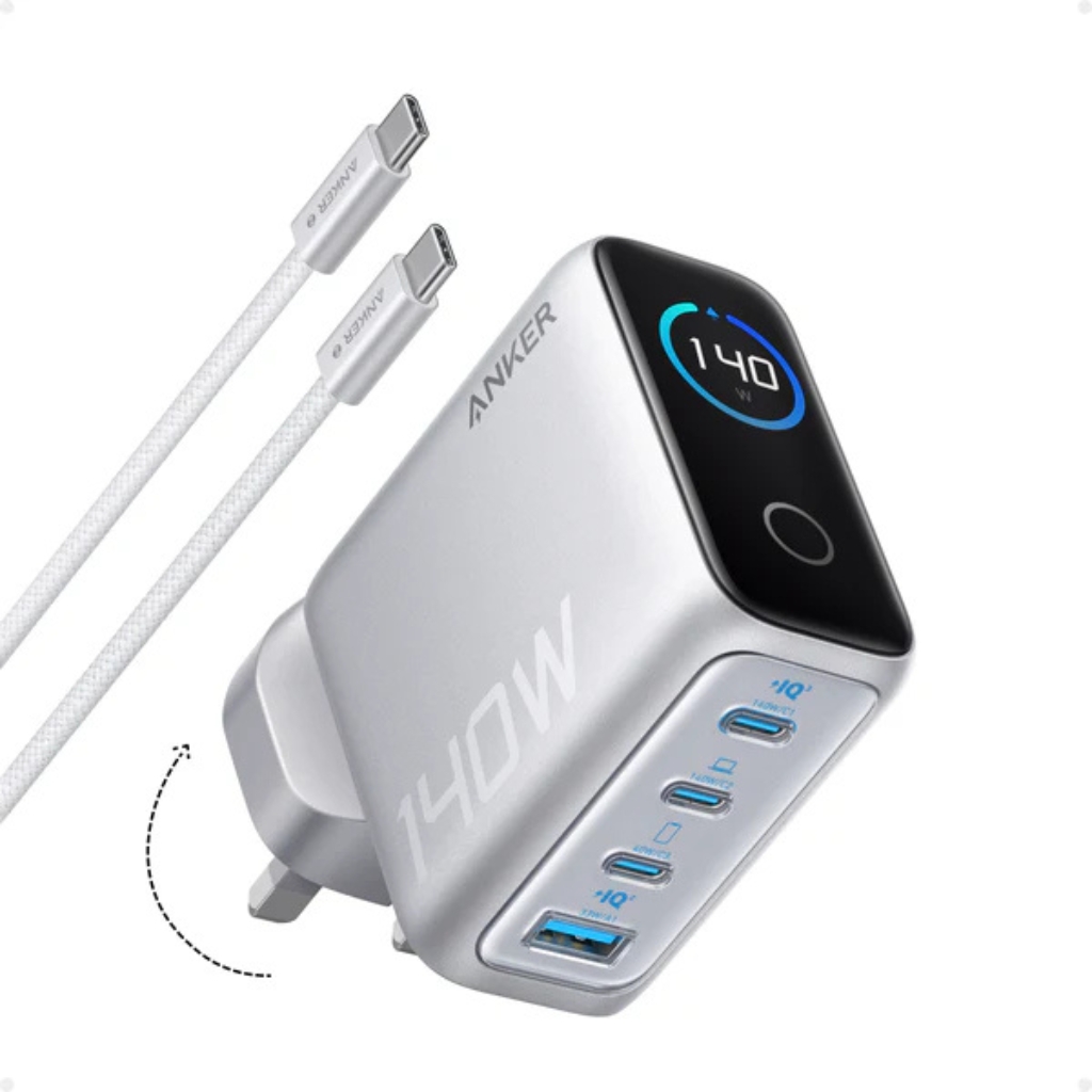 Anker 140W GaN 快充｜1 USB‑A + 3 USB‑C 端口・PD 3.1・Smart Display 智能顯示｜附 USB‑C 高速充電線｜香港行貨