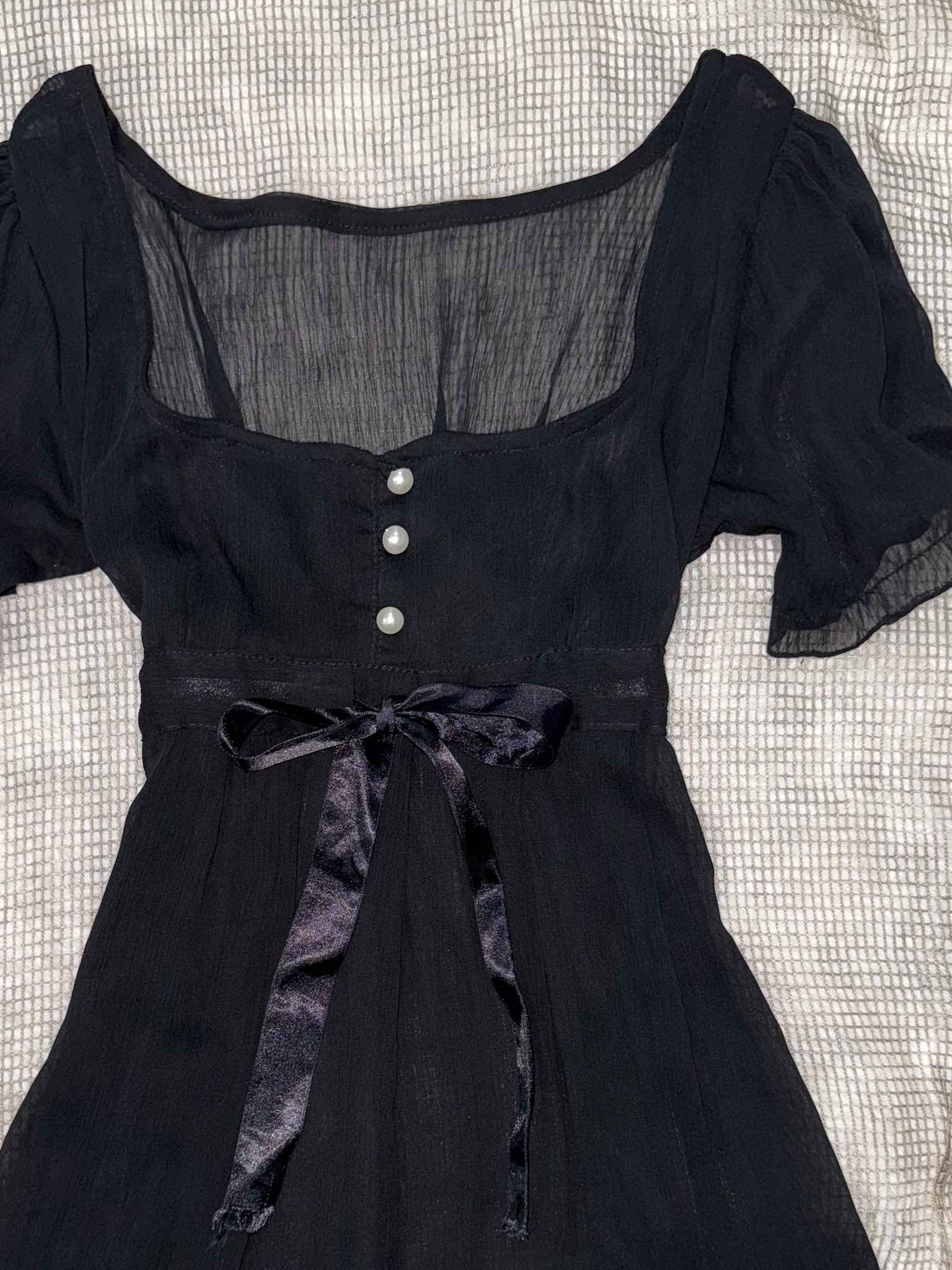 Sheer Puff Sleeve Black Dress with Statement Bow