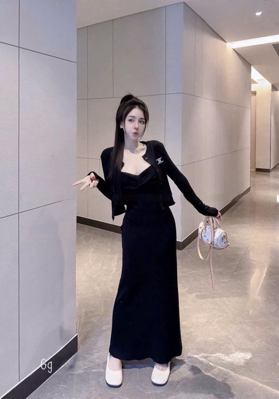 羅紋針織中長洋裝搭配開襟衫套裝