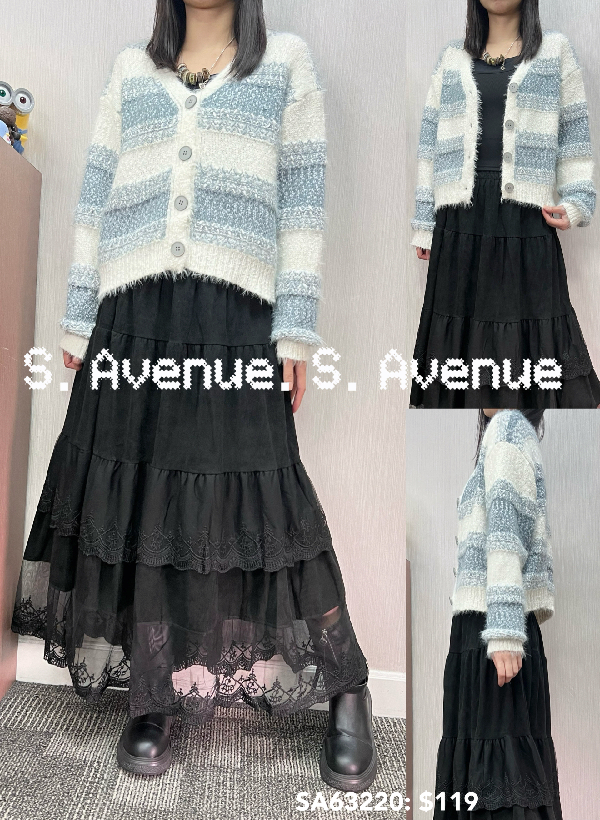 SA63220: 長袖間條有鈕毛毛冷外套