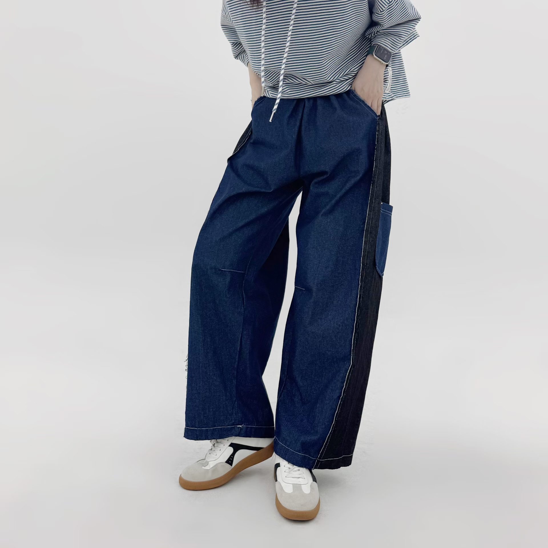 撞色拼接寬鬆牛仔褲