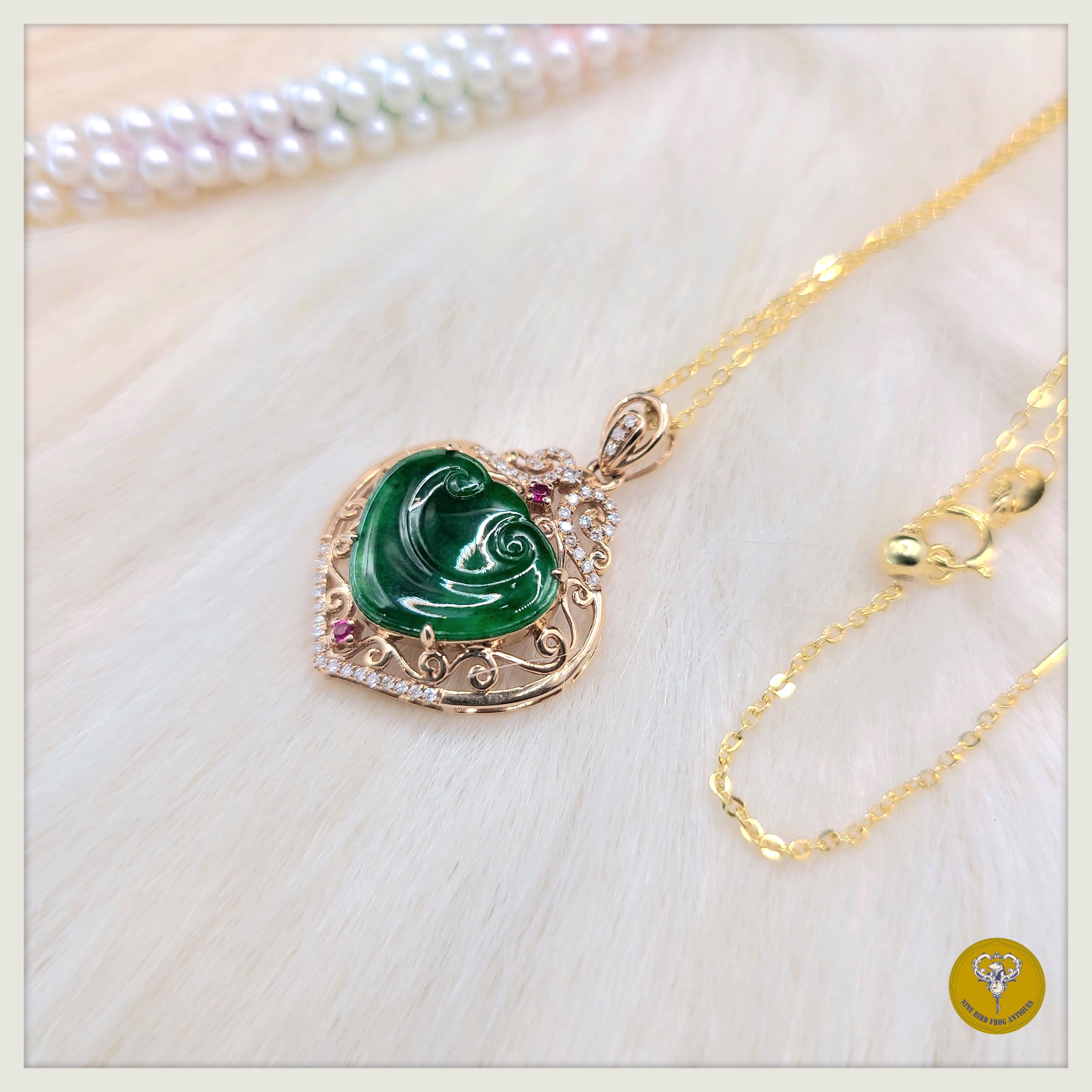 冰種帝王綠心型如意翡翠鑽石紅寶石18k金鑲配銀鍊