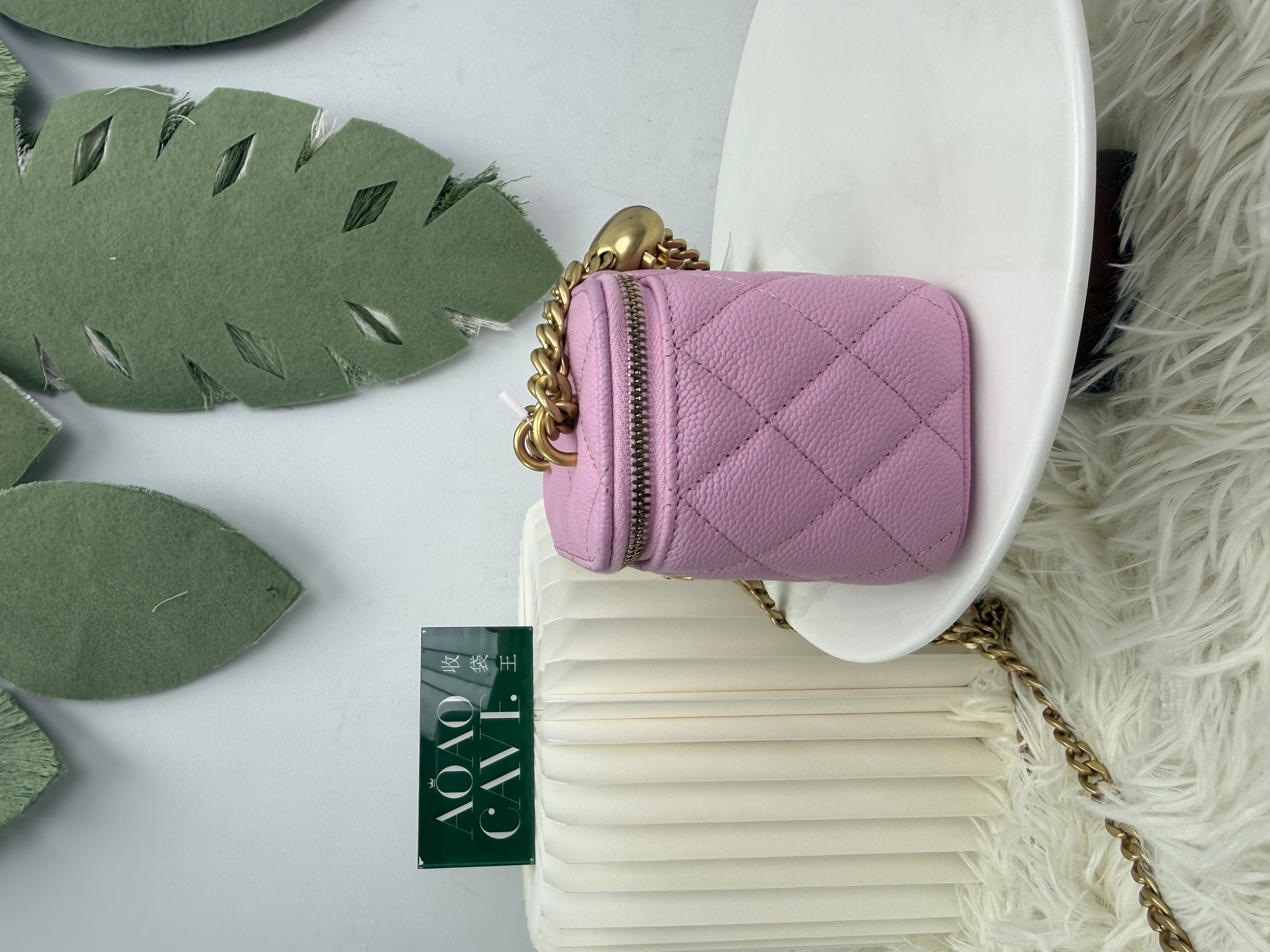 CHANEL 🤍PRE OWNED 23P 粉色心形調節金扣 荔枝牛皮 小方盒🩷