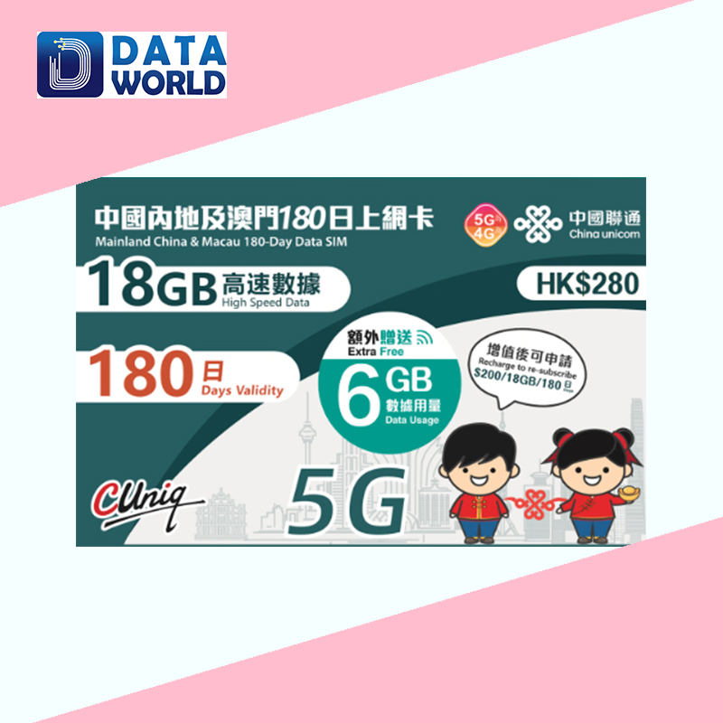 中國聯通 4G/5G $280 內地及澳門180日上網卡