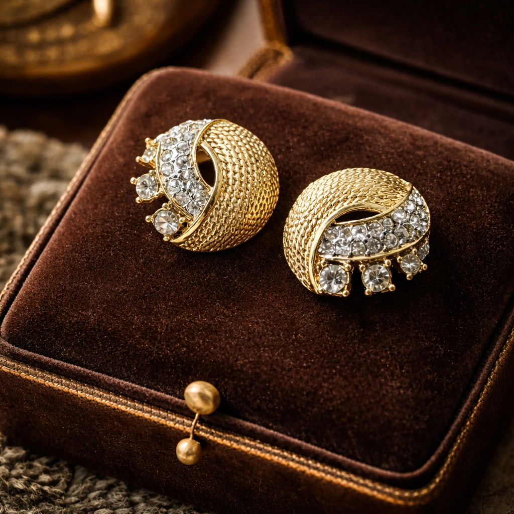 Vintage 1980s Nina Ricci Gold Tone Texture Moon x Bejeweled Crown Clip Earrings (MT2094)