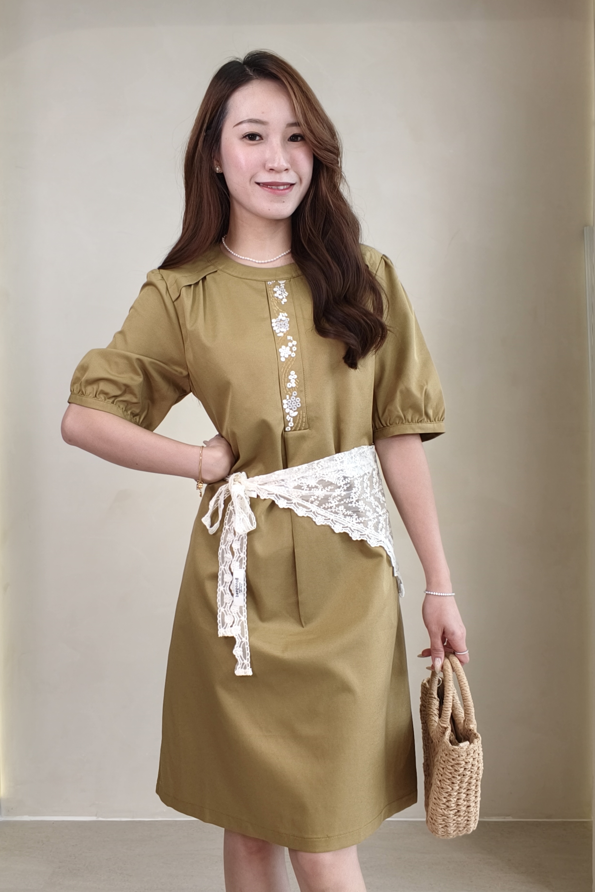 311231 Olive Lace Accent Shift Dress