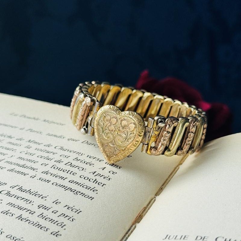 Antique 1910-1940s L.S Gold Filled Two Tone Rose & Yellow Gold Etched Pattern Sweetheart Expandable/Stretchy Bracelet(MT1361)