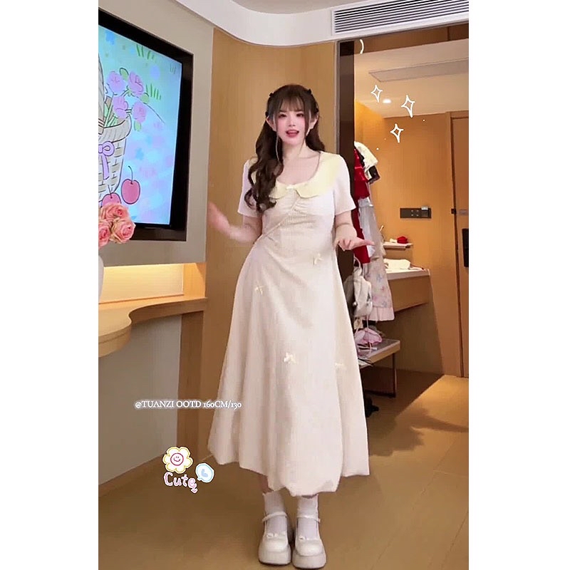 B295(11653长) 长款法式娃娃领格纹立体蝴蝶结A字双层荷叶下摆蓝黄连身裙