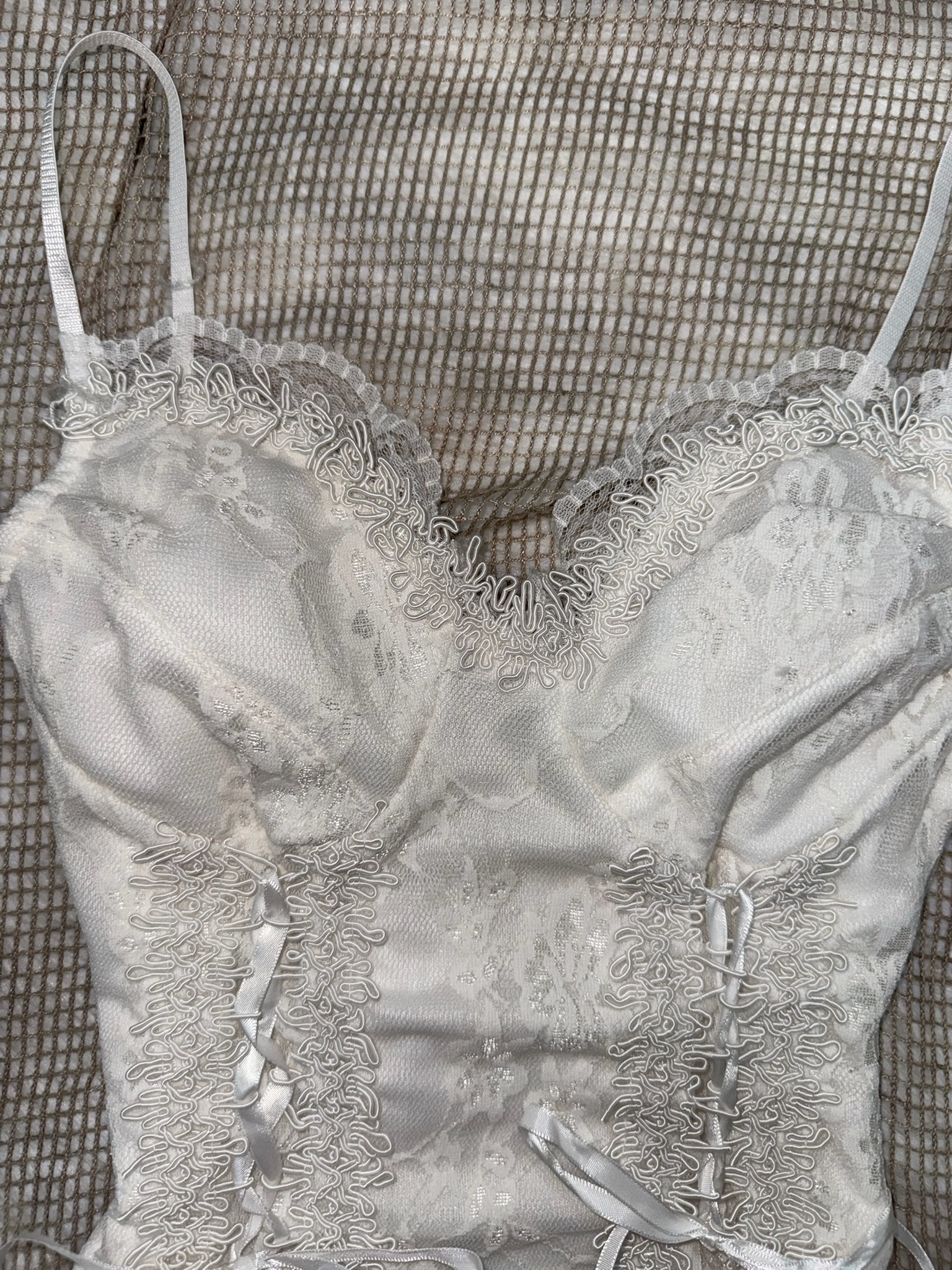 Angelcore White Floral Lace Corset Top with Ribbons