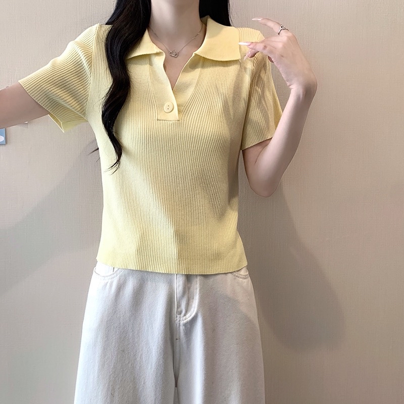 B463(3986) 韩版气质翻领V领单同色系钮4色针织上衣 