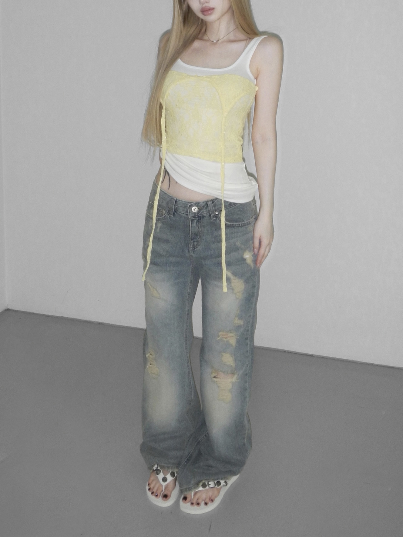 Distressed Washed Wide-Leg Pants