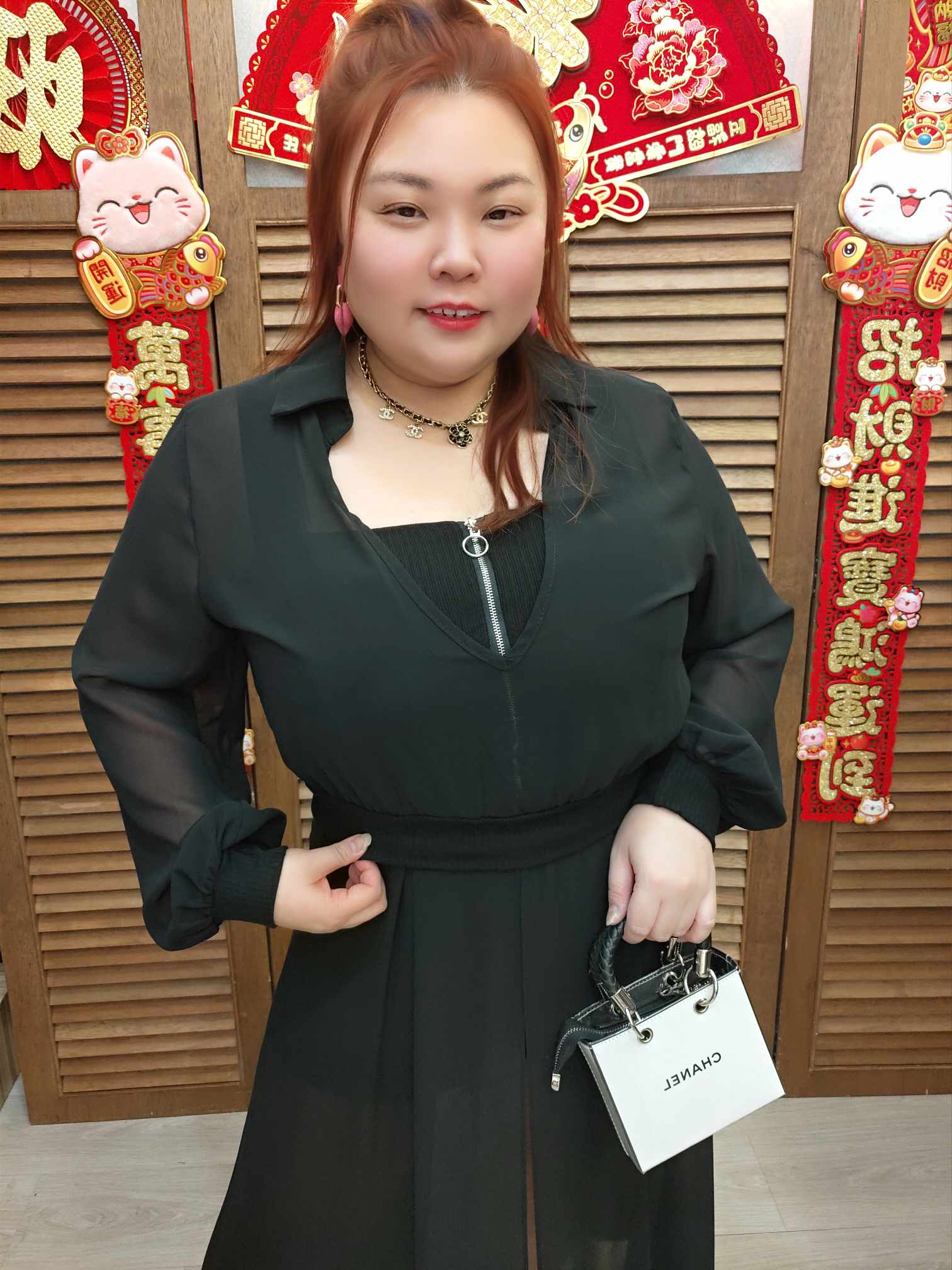 TW#2801 长袖薄纱假两件拉链背心上衣