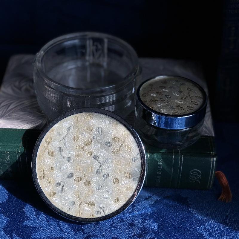 1950s Made in Canada Jacquard Fabric Glass Vanity Set/Powder& Cream Box Set of 2 (MT1055)