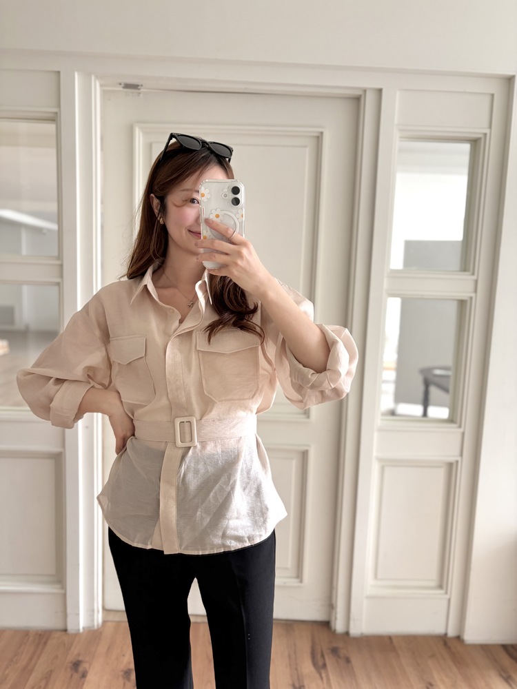 Feminine Belted Pocket Blouse (Pink)