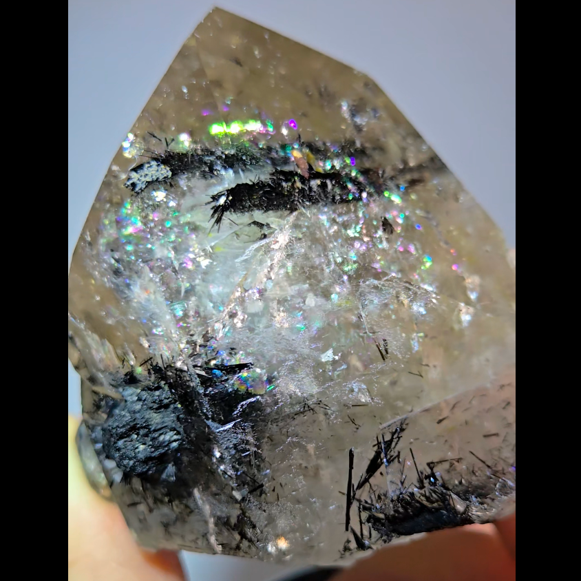 Black tourmaline inclusion smoky quartz with rainbows - RT1457