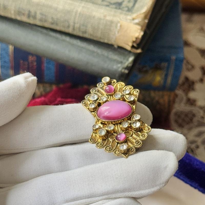 C.a. 1960s Czechoslovakia/West German Pink Glass Cabochon Jewelry Set - Brooch and Clip Earrings (MW263)