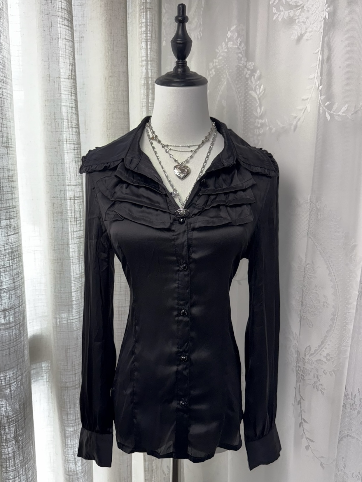 Vampire Style Tiered Ruffle Satin Button-Up Shirt