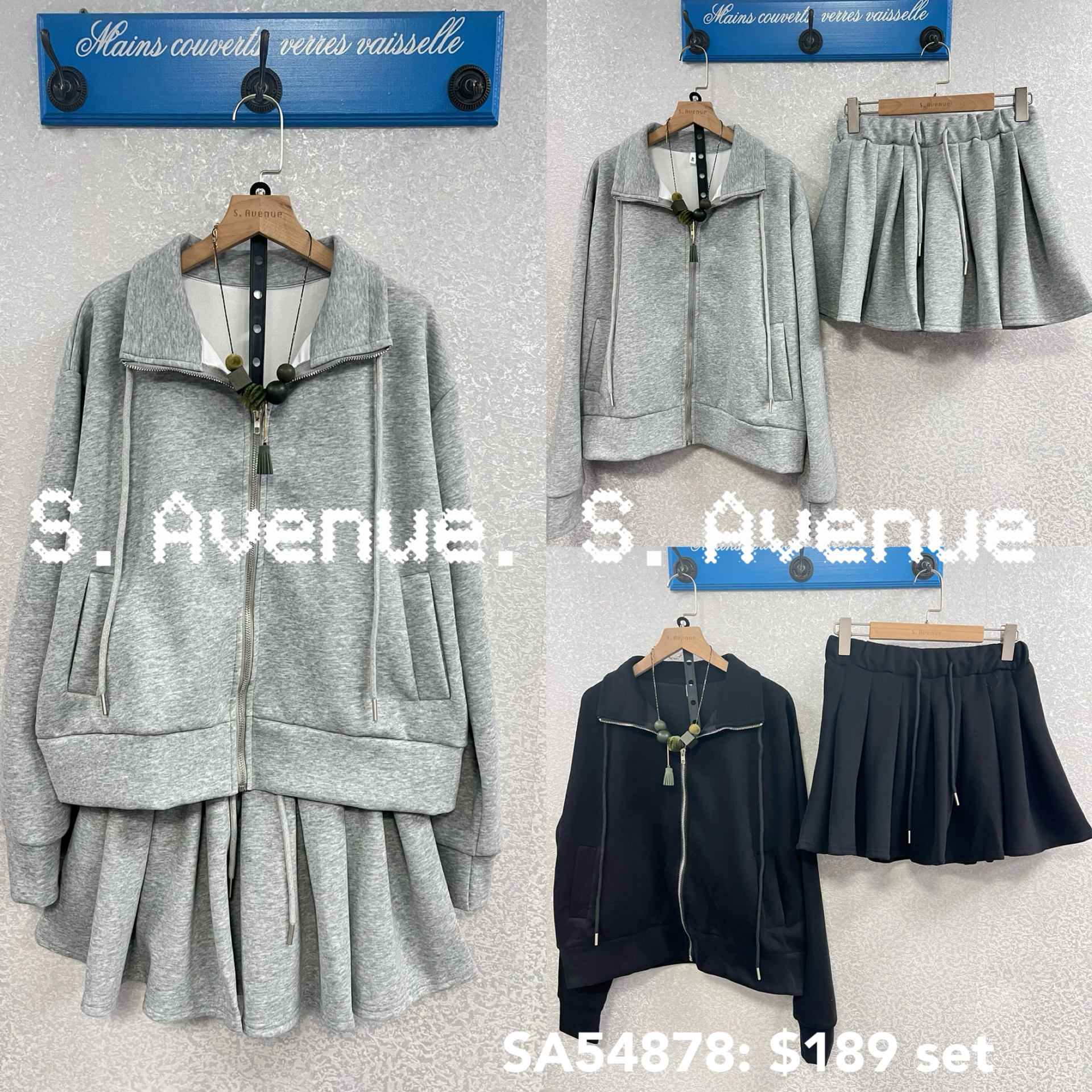 SA54878: 長袖拉錬衞衣外套配拼百撍裙套裝