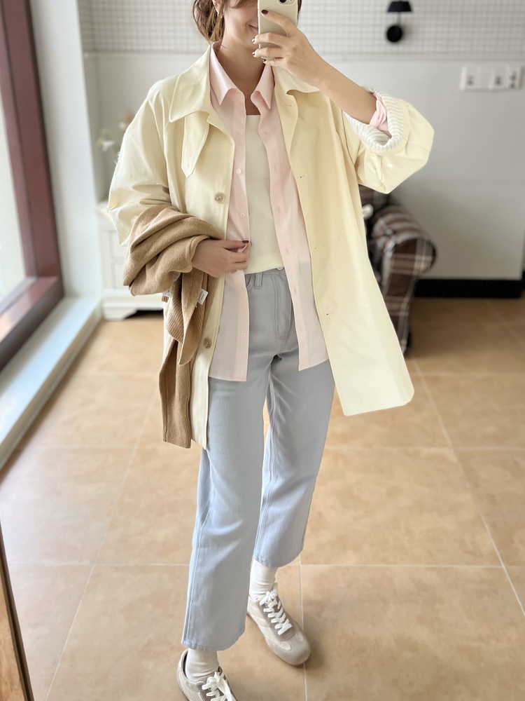 Stripe-Lined Relaxed Trench Coat (Cream)