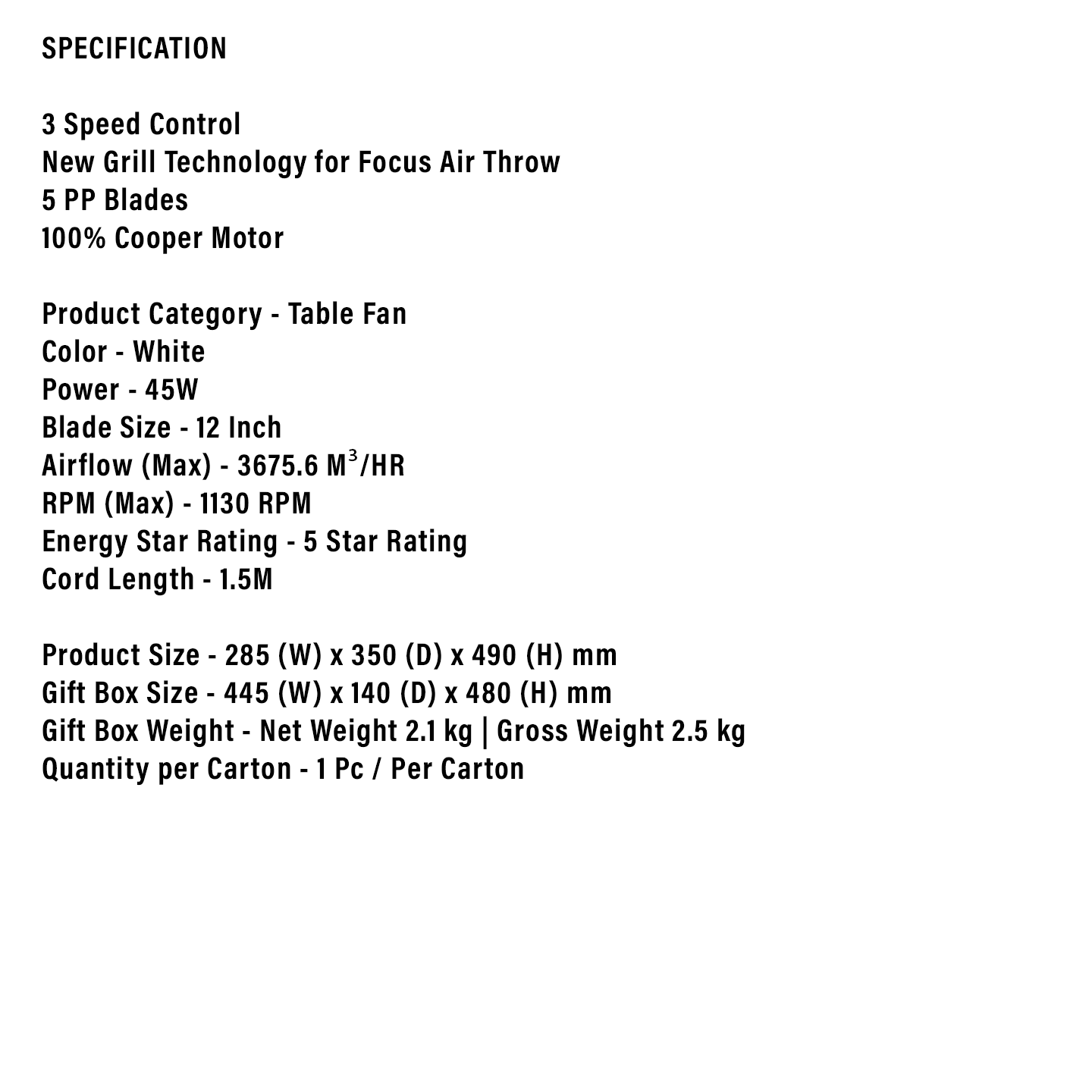 Faber 12" Bliss Table Fan FTF 3112WH