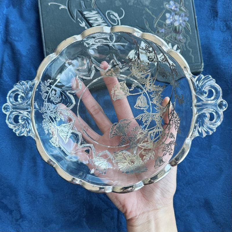 Vintage C.a. 1960s Silver Overlay Floral Pattern Glass Bowl with Scrollwork Handles (MT2013)