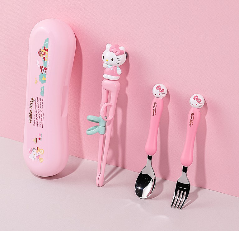 【預訂】 韓國直送 Sanrio Hello Kitty 學習筷子餐具連收納盒三件套