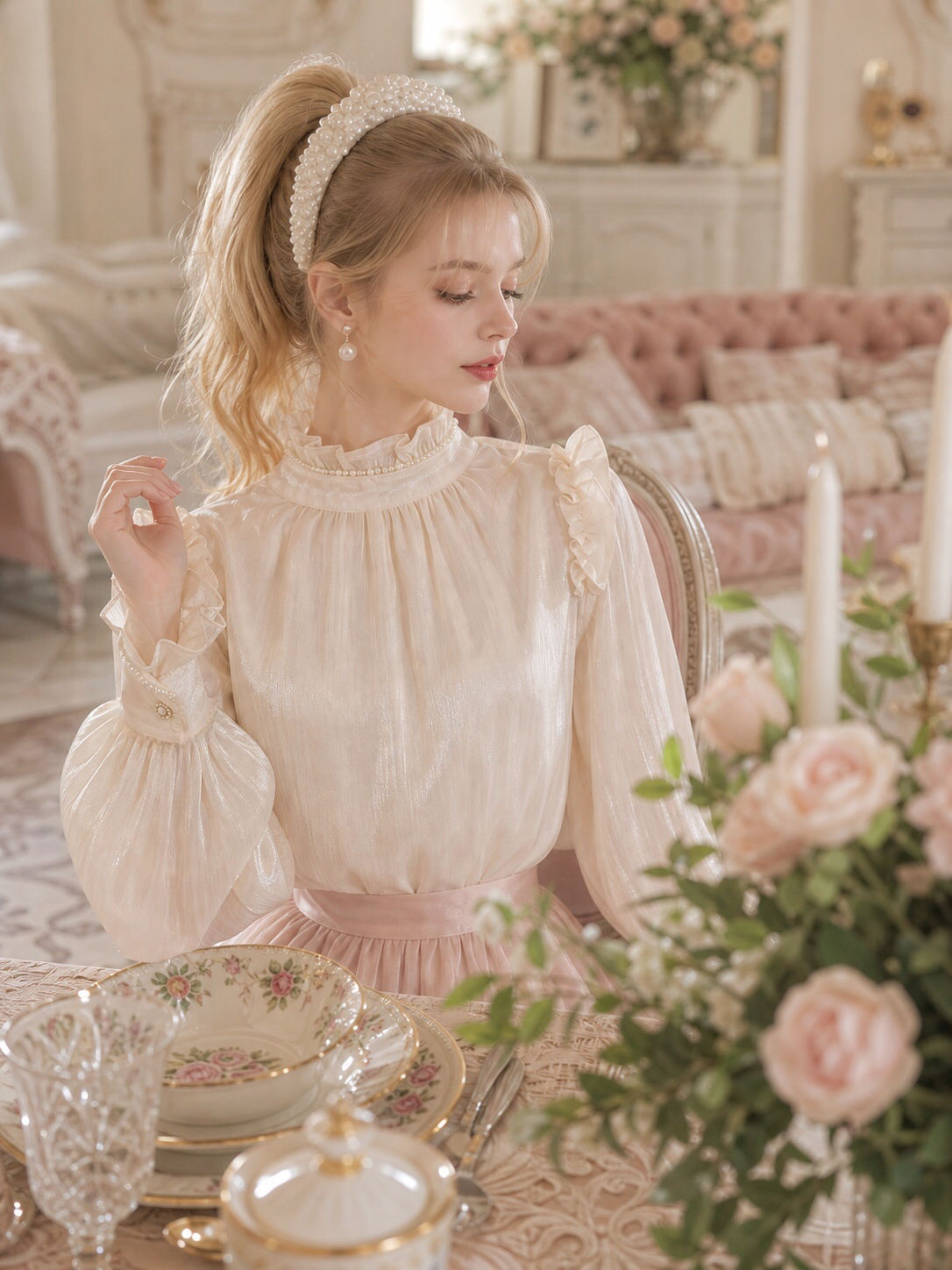 維多利亞輕甜公主綴珍珠襯衫 Victorian Sweet Princess Pearl-Embellished Blouse