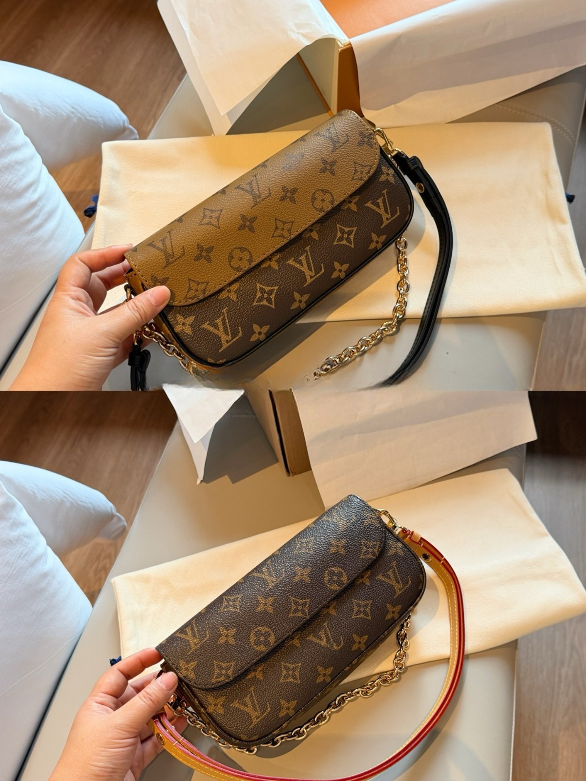 Louis vuitton 經典拼色老花麻將包復古翻蓋鏈條斜挎小包 