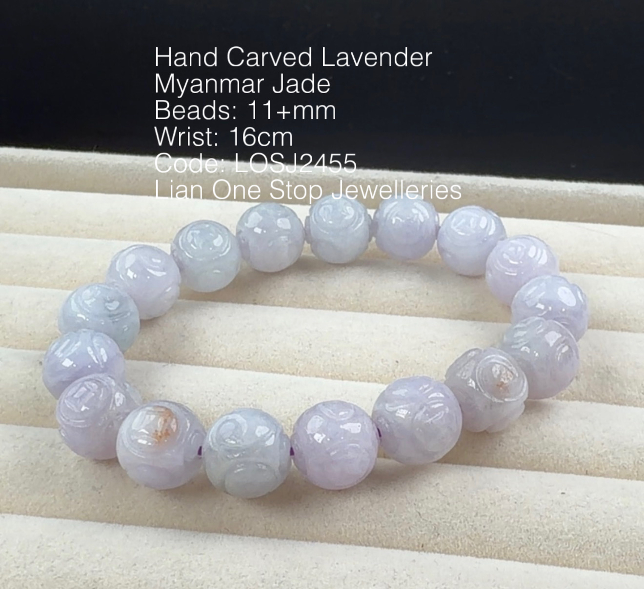 Code: LOSJ2455 Hand Carved Lavender Myanmar Jade 11+mm 