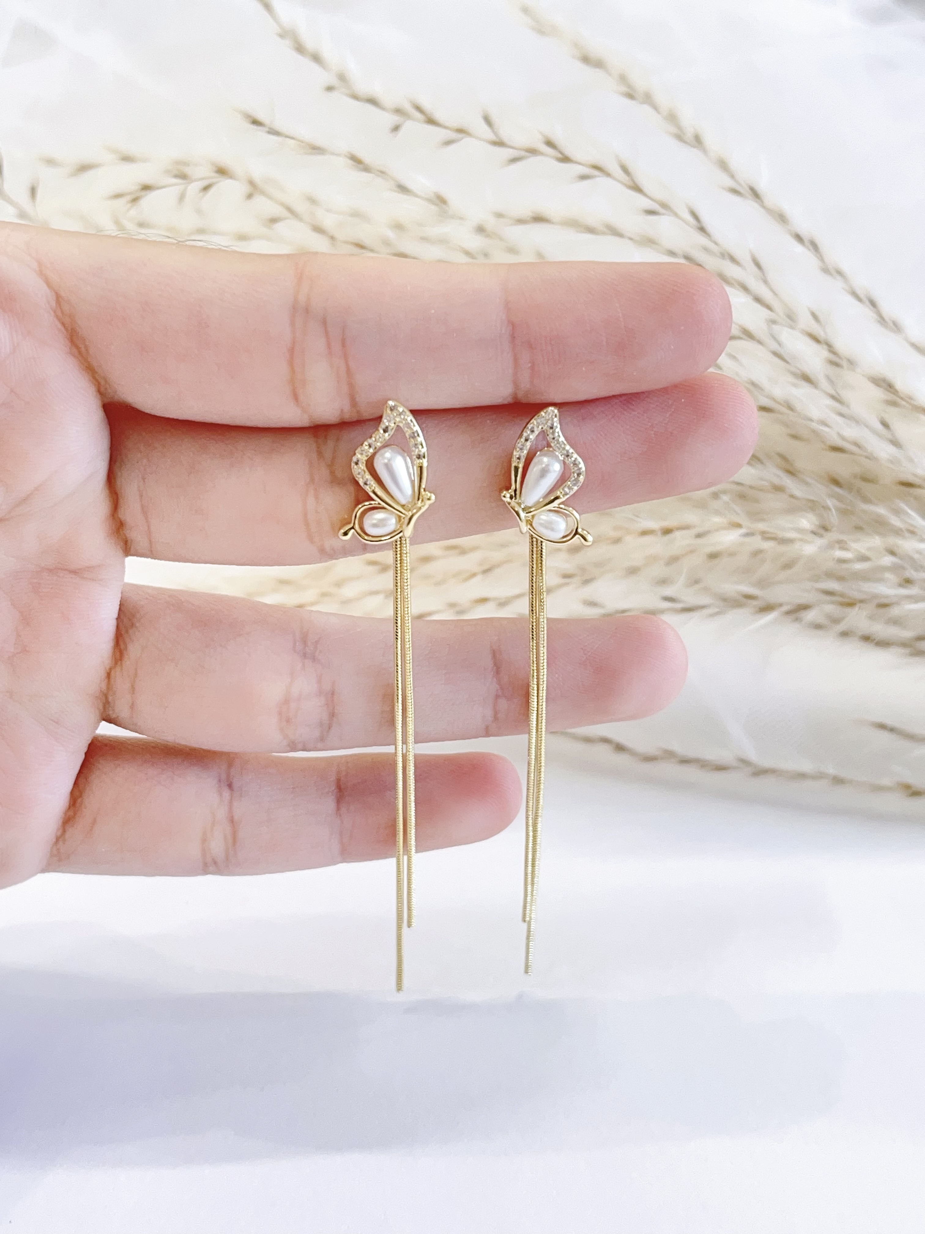 小清新微镶钻石珍珠蝴蝶流苏耳环