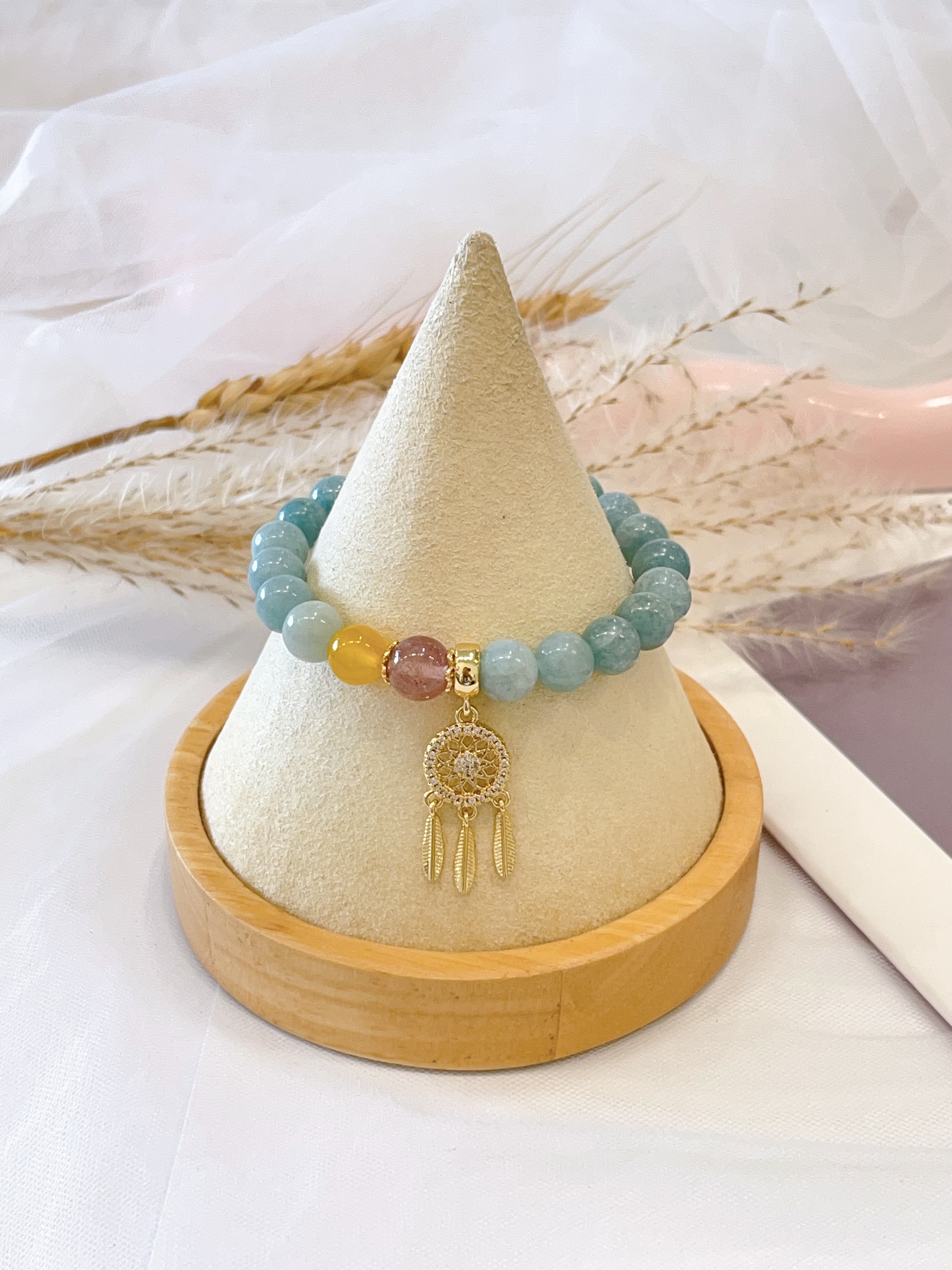 💎 蓝水翡翠 × 草莓晶 × 蜜蜡 × 铺梦网吊饰手串 Blue Jade, Strawberry Quartz, Beeswax & Dreamcatcher Charm | 8mm