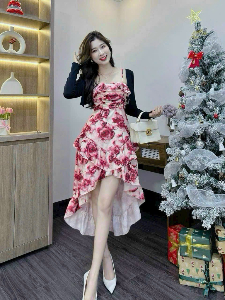 碎花洋裝搭配開襟衫两件套