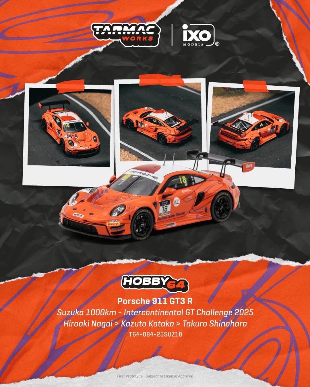 （預訂 Pre Order) Tarmac Works  ( T64-084-25SUZ18 ) Porsche 911 GT3 R Suzuka 1000km - Intercontinental GT Challenge 2025 Hiroaki Nagai / Kazuto Kotaka / Takuro Shinohara