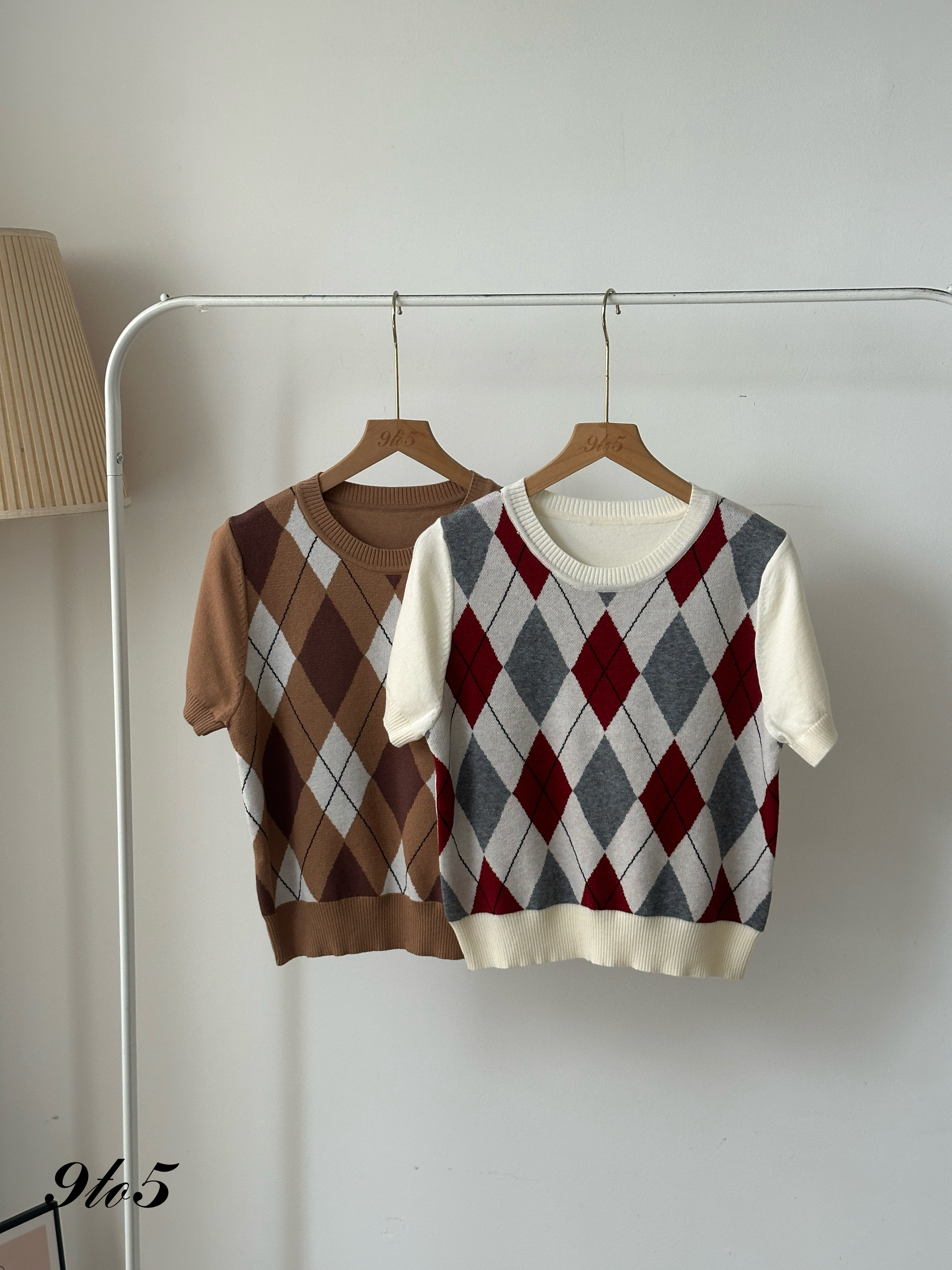 T4005 Argyle Knit Short Sleeve Top - 5 Colors 