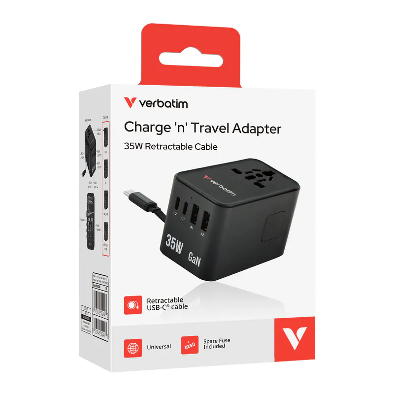 香港行貨 2年保養 威寶 Verbatim 35W 通用旅行轉插 旅行充電器 (附USB-C可伸縮充電線) 30244