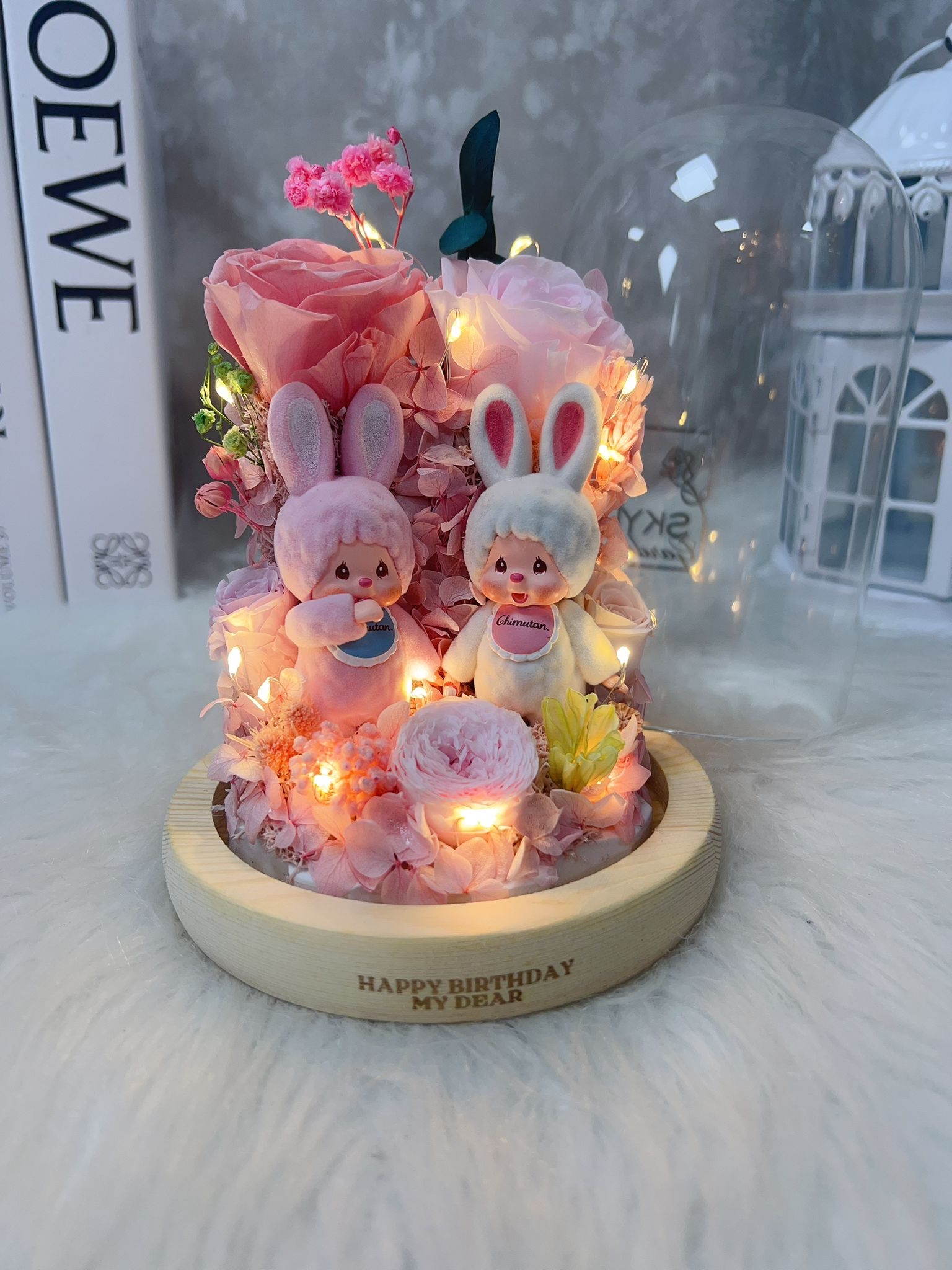 Monchhichi 蒙奇奇粉紅玫瑰永生花玻璃罩