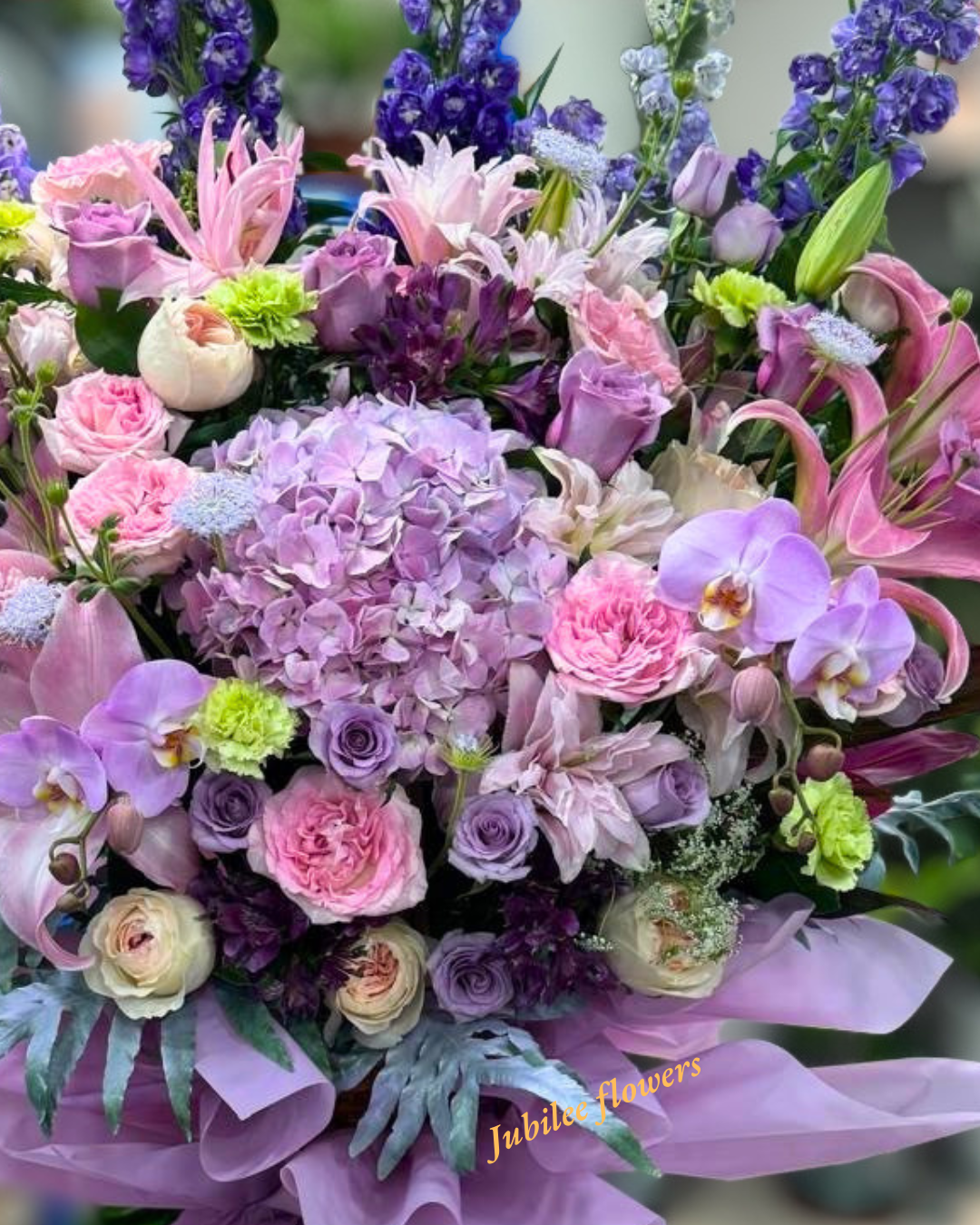 🎉【開張花籃】 粉紫系列| 紫繡球粉紫蝴蝶蘭粉百合高級開業賀籃