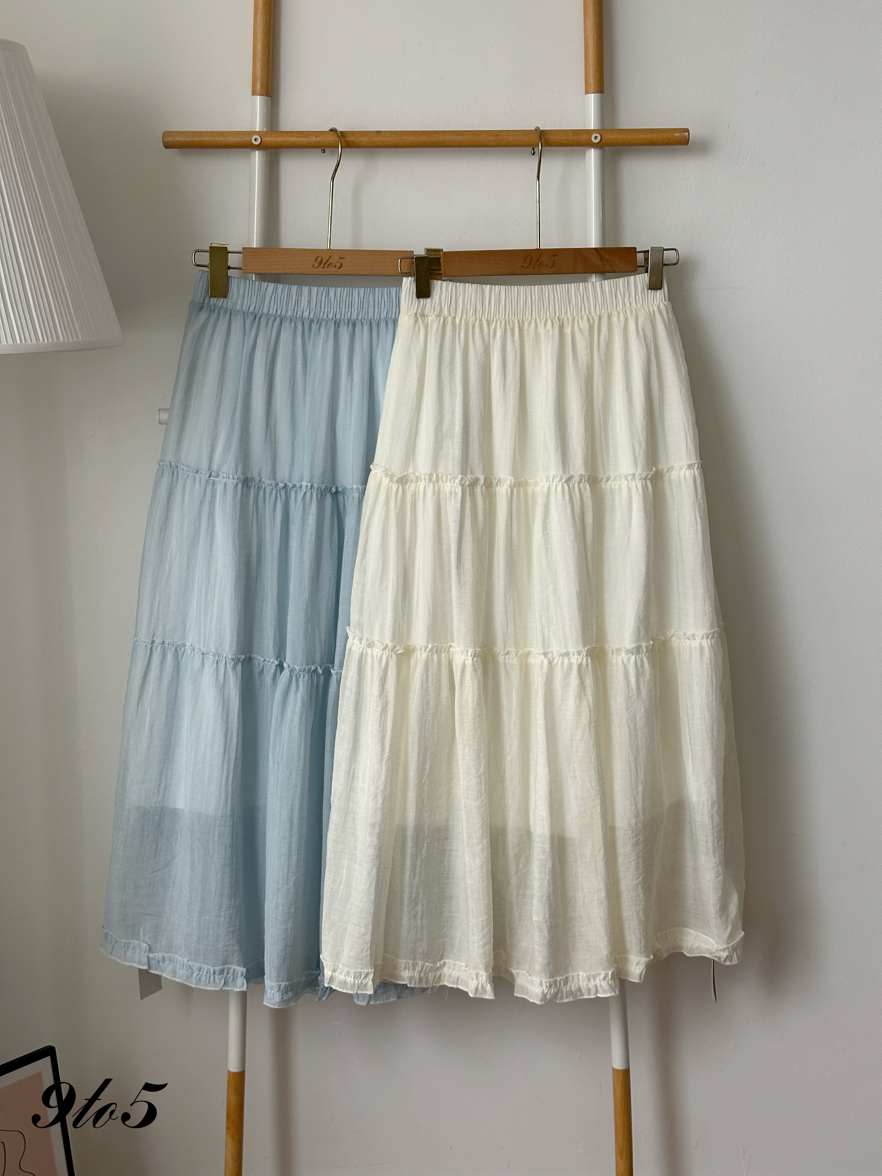 S2010 Long Layered Skirt - Blue & Cream