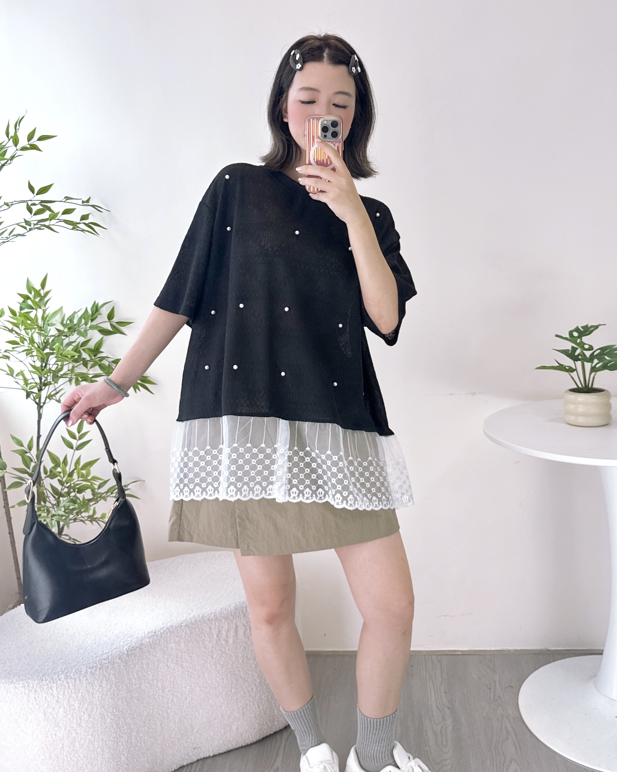 鑲珍珠針織混紗寬鬆上衣 2色