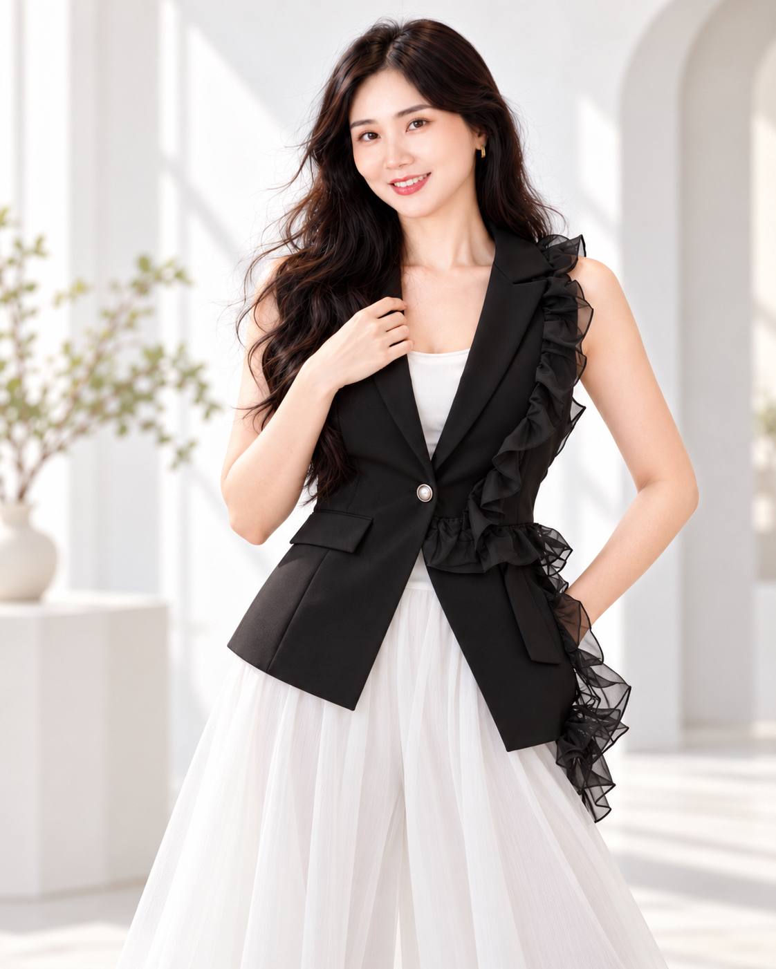 5160 Asymmetric Raffia Top